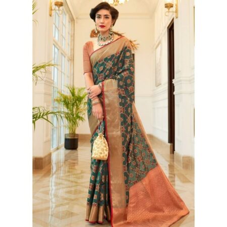 Fashionboxs dark green patola silk saree with golden border