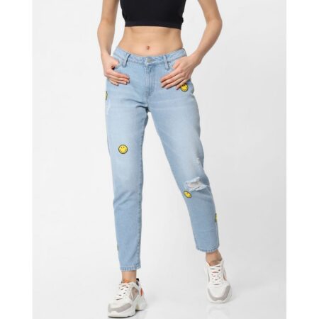 Fashionboxs x smiley blue mid rise smiley print mom jeans