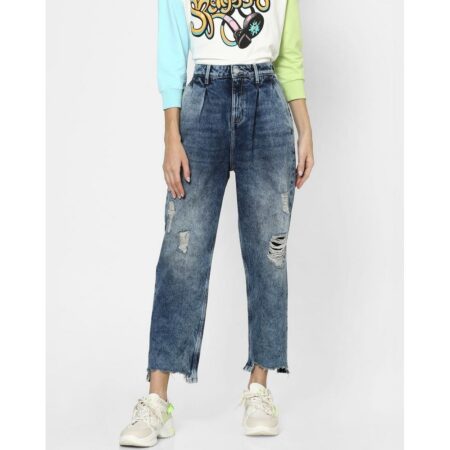 Fashionboxs blue high rise slouch fit distressed jeans