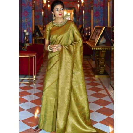 Fashionboxs olive green and golden blend woven kanjivaram soft silk saree