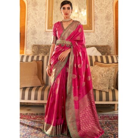 Fashionboxs ruby pink woven banarasi tussar silk saree