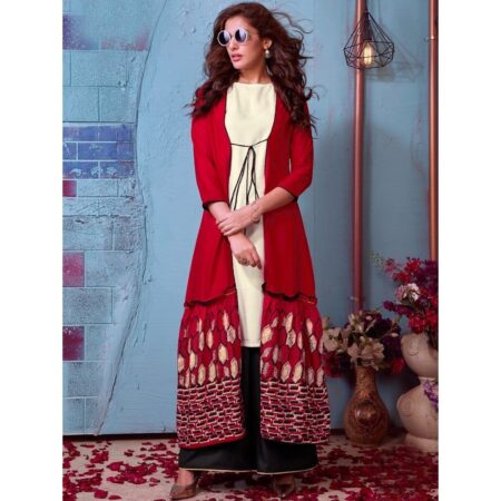 Fashionboxs kajal cream kurta with printed shrug