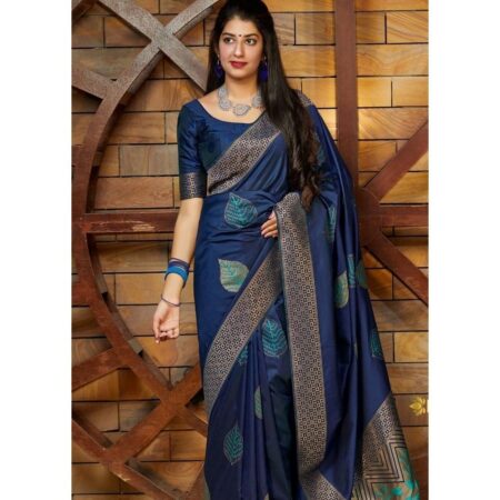 Fashionboxs navy blue silk saree with zari border