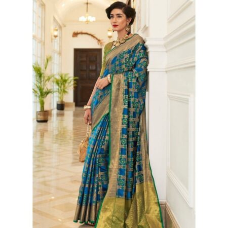 Fashionboxs blue patola silk saree with golden border